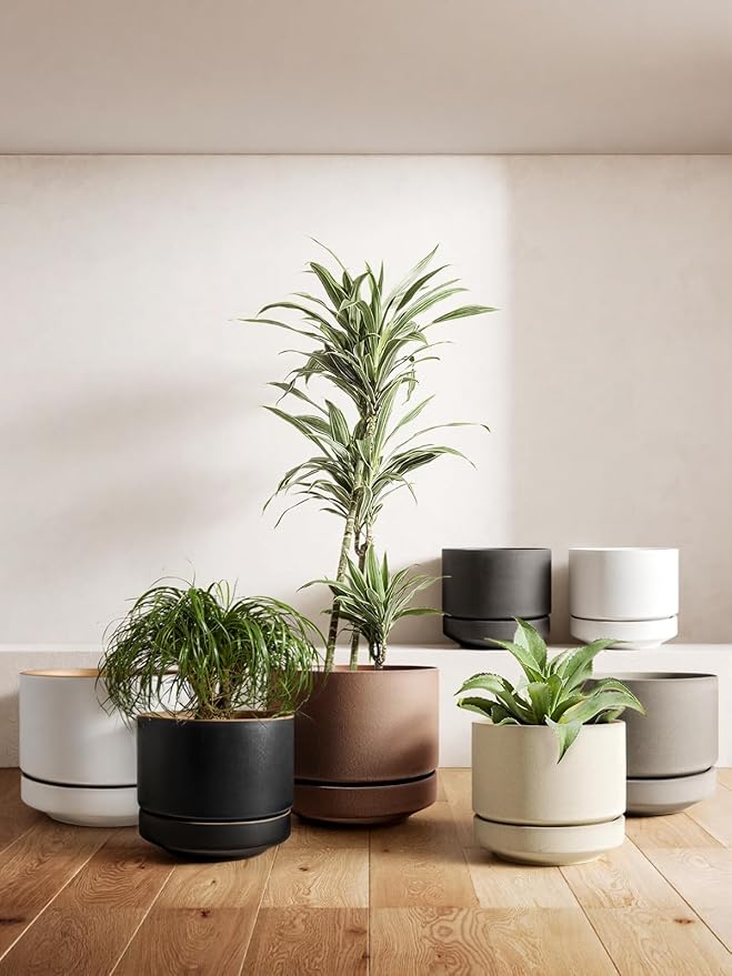 LE TAUCI Large 14 Inch Plant Pot with Saucer | Ceramic Outdoor & Indoor Big Planter Pot | Drainage Hole, Mesh Pad & Plug | Unglazed Porous | Modern Minimalist for Home and Patio – Speckled Oat