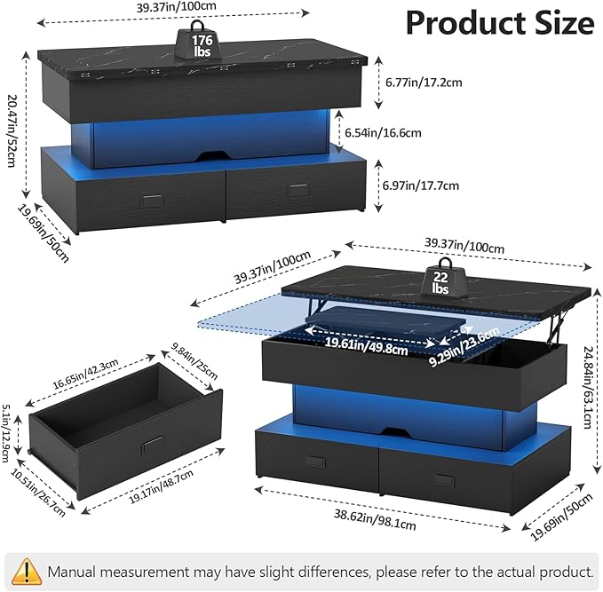 Turosur 40" Lift Top Coffee Table, LED Coffee Tables with Storage and 4 Drawers, Coffee Table with Lifting top for Living Room Home Office, Black