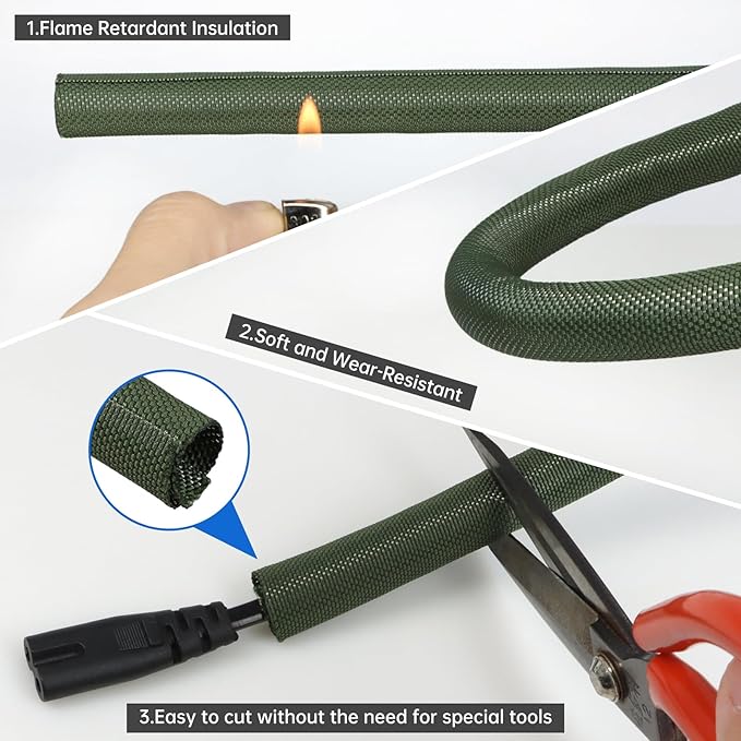 YOUBO Split Braided Cable Sleeve，Flexible Wire Loom Tubing, Automotive Cord Protector Pet Proof, Cable Management for Computer TV Electric Wires Harness 16ft (Dark Green, 16mm（5/8")