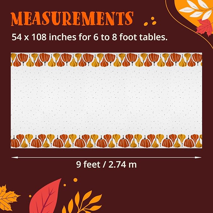 Thanksgiving Tablecloths, 6-Pack Disposable Plastic Table Covers, Pumpkins Pattern, 54 x 108 Inches, Party Decorations