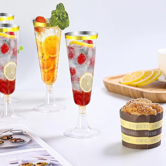 SUREHOME Champagne Flutes Plastic Champagne Glasses Disposable 100 Pack 5 Oz Gold Rim Mimosa Glasses Acrylic Wedding Toasting Cocktail Cups for New Years Eve Party Supplies 2026 New Years Decorations