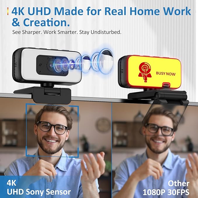 4K Webcam for PC & Laptop, Webcam for Mac –AI PDAF AutoFocus Streaming Camera for Computer, One-Touch Mute, Busy Now Do Not Disturb Light, Adjustable Fill Light, Privacy Cover for Remote Work