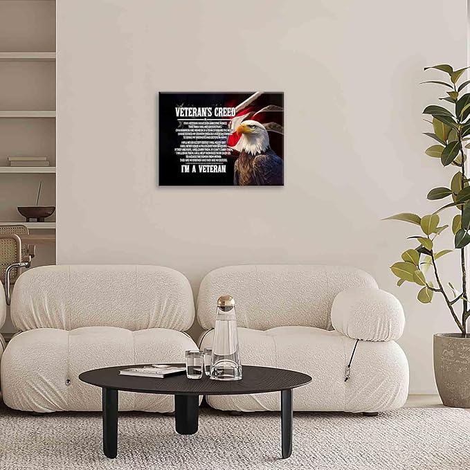 Veteran Wall Art Patriotic Pictures Wall Decor Military Canvas Prints Veterans Day Decorations Painting Framed Bald Eagle Artwork Office Home Man Cave Decor For Bathroom Bedroom Living Room 16"x12"