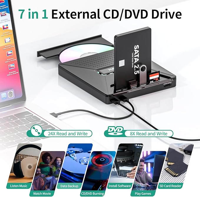 CD DVD Drive External, Portable CD DVD Driver +/-RW Burner with 2.5" SATA,SD Card Reader and USB A Type C 2.0 Hub Compatible with Laptop PC