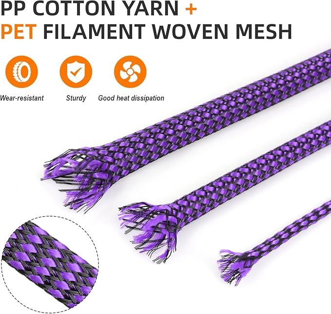 Braided Expandable Cable Sleeve, 25ft PP Cotton and PET Braided Cable Management, Flexible Mesh Wire Loom and Cable Protector for TV, Computer, Home Theater, Automotive (Purple, 1/8")