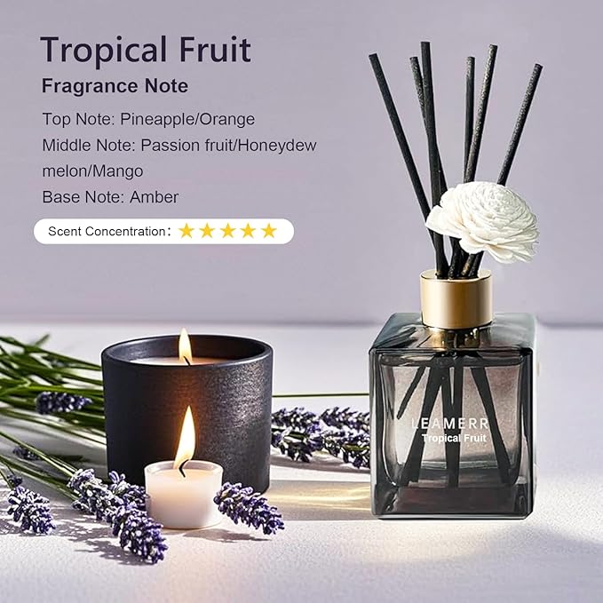 LEAMERR Reed Diffuser Set, 6.1 oz (180 ml) Tropical Fruit Scented Diffuser with Sticks Long-Lasting Home Fragrance Reed Diffuser for Home Room Office Bathroom Shelf Decor