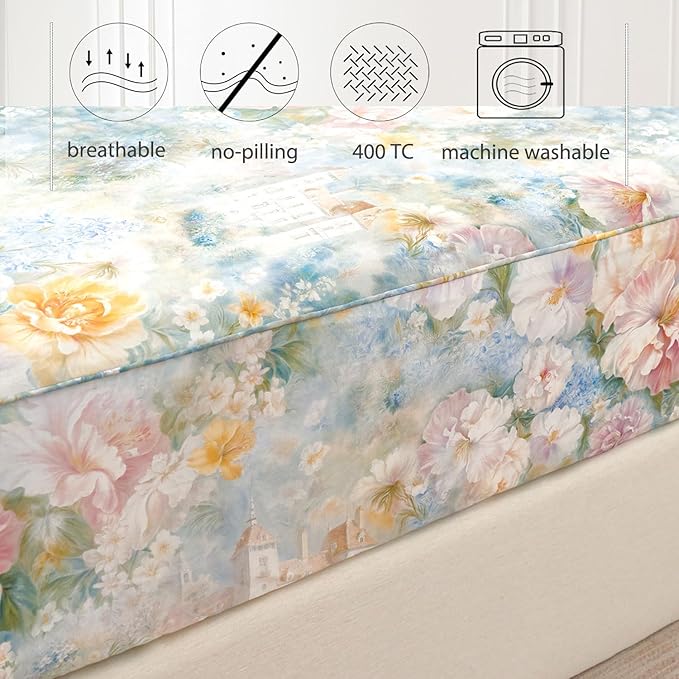 Zusbest Full Size Sheets Luxury Floral Bed Sheet Set 100% Cotton, Satin Weave Soft Breathable for Hot Sleepers Romantic Peony Flowery Printed Cottagecore Bedding Deep Pocket 17.5‘’ Bed Set 4Pcs