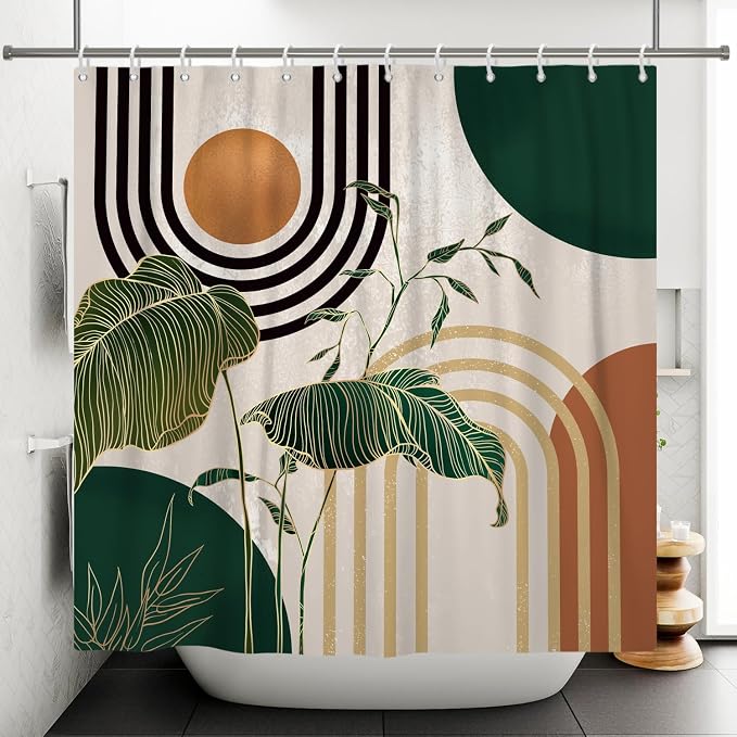 Boho Green Geometric Shower Curtain Bohemian Abstract Mid Century Tropical Bathroom Curtain Minimalist Modern Palm Leaf Shower Curtain Sets for Bathroom Extra Long 72x84 in with 12 Hooks