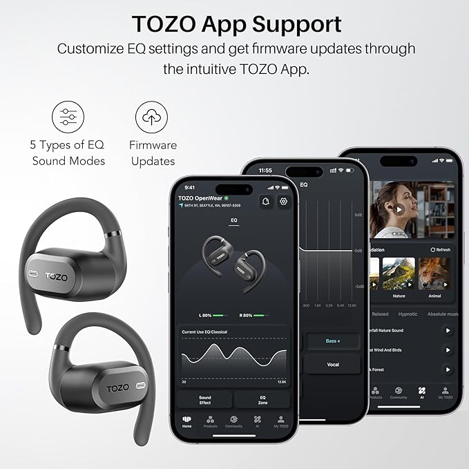 TOZO OpenWear Open Ear Headphones, Adjustable Ear Hooks, Ultra Comfort, Punchy Bass Bluetooth Headphones 5.4 with Smart Digital Display, Immersive Audio Earbuds, Fast Charging for Running, Office