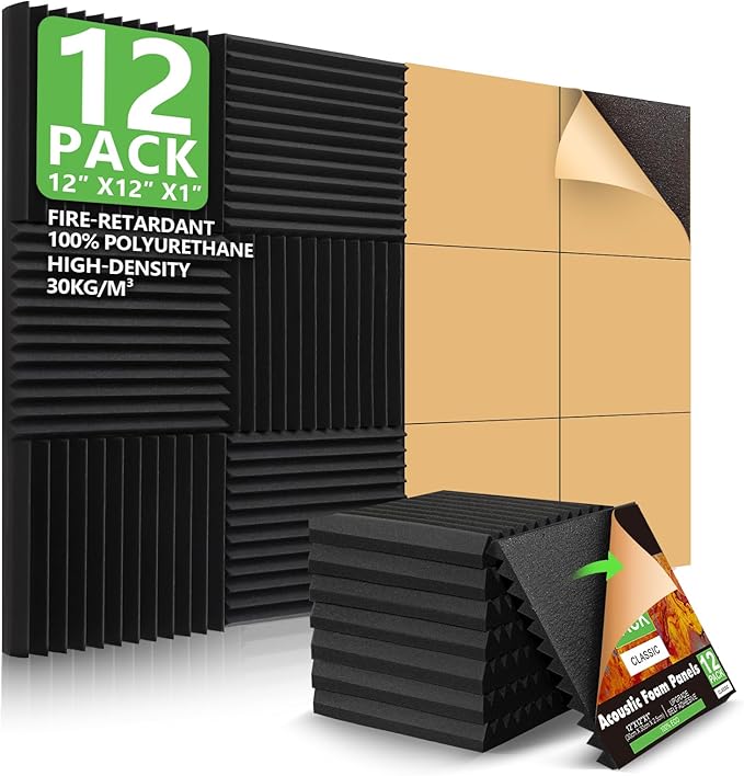 12 Pack Sound Proof Foam Panels Studio Acoustic Foam Panels,1" X 12" X 12"Soundproof Wall Panels with Self-Adhesive,Fire-Proofed Soundproofing Wedges,Acoustic Treatment Foam for Home-Black