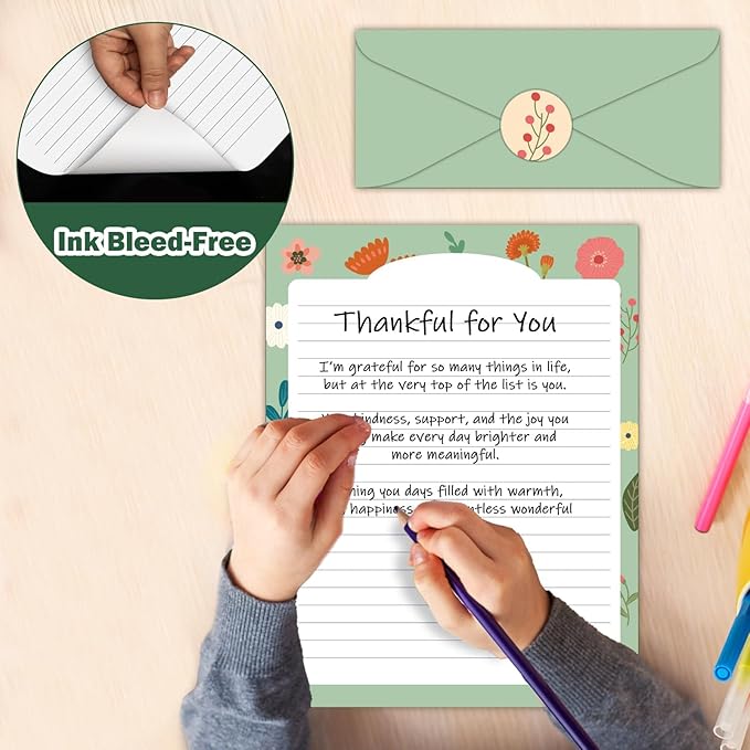 EggSun 250Pcs Cute Stationery Paper and Envelope Set with 100 Letterhead Papers and 50 Envelopes,10 Design for Letter Writing Invitations Computer Holidays Party Notes, 8.5x11 Inch- Lined Flower