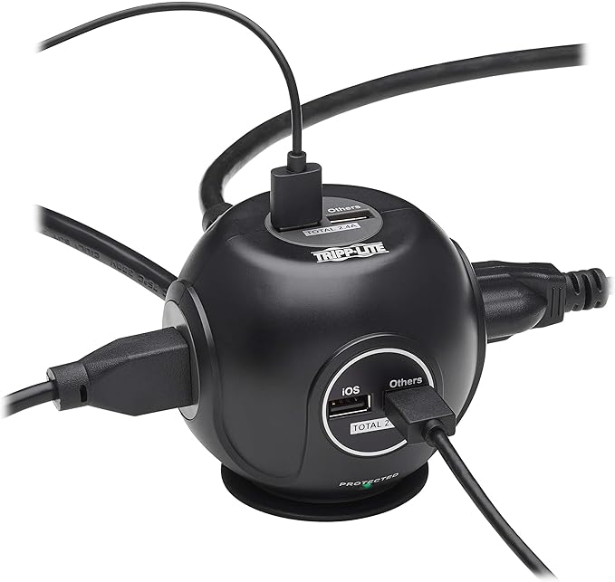 Tripp Lite Surge Protector 3-Outlet Spherical Surge Protector, 4 USB Ports (4.8A Shared) - 6-ft. (1.83 m) Cord, 5-15P Plug, 540 Joules, Black (TLP36USB)