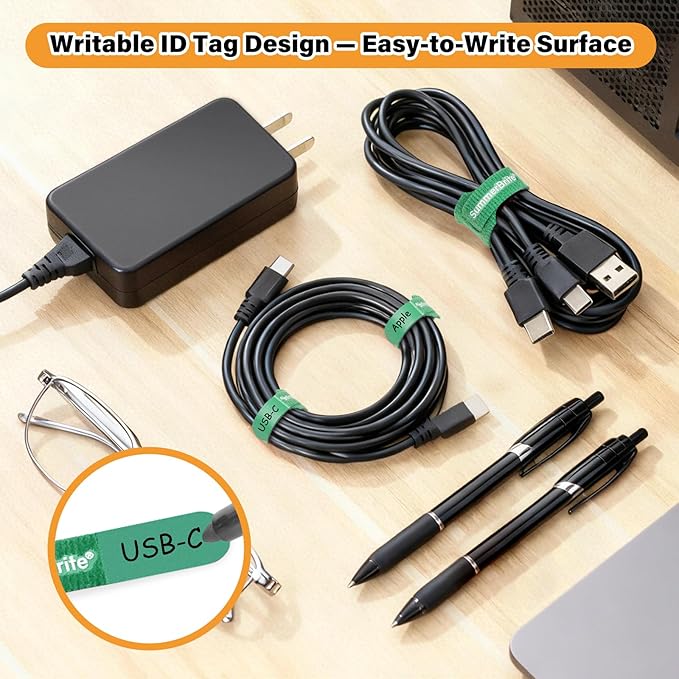 70 Pack Assorted Cable Ties (4, 6, 8 Inch) Multi-Color with Writable Labels, Reusable Cord Organizer Straps, Hook & Loop Wire Management for Electronics, Home Office, PC Desk & Travel