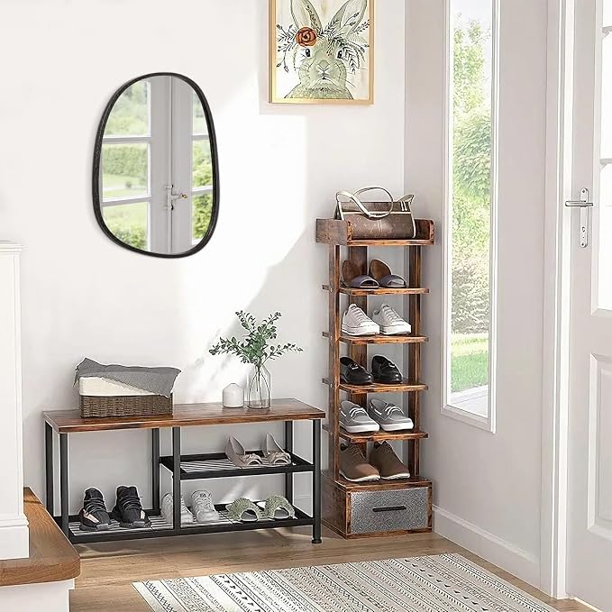 Asymmetrical Hanging Wood Mirror Irregular Oval Frame Mirror for Wall Modern Unique Decorative Mirror for Bathroom Vanity Living Room Bedroom Entryway Artistic Wall Mirror