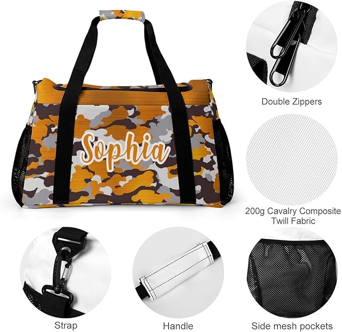 Waterproof Gym Bags Custom Orange Yellow Brown Camouflage Camo Duffel Bag with Name Adjustable Shoulder Strap Travel Bag for Teens Training Bag