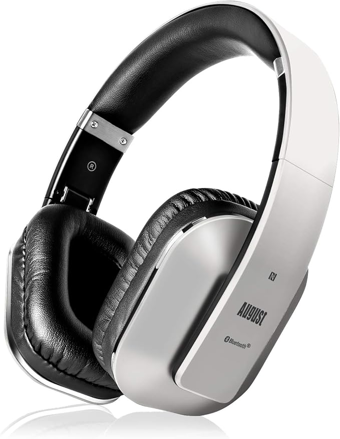 August EP650 Bluetooth Wireless Over-Ear Headphones with aptX Low Latency, NFC, Multipoint Pairing, Wired Option, Built-in Microphone - Silver