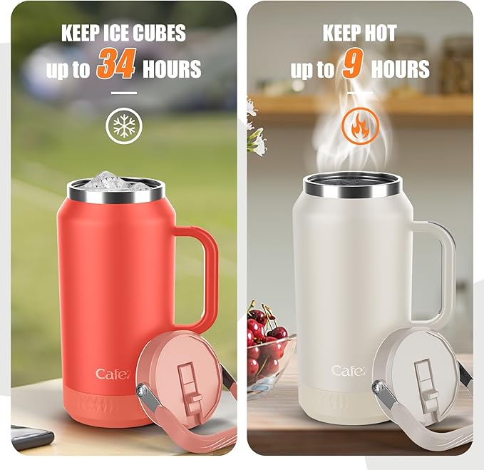64 oz Leak-Proof Insulated Tumbler with Flip Straw Lid - Sweat-Free, Top and Side Handle, Anti-Slip Silicone Base, Iced for 34 Hours - Water Jug for Hiking, Fitness, Office, Travel, Home