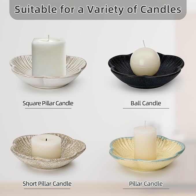 Koythin Ceramic Candlestick Holder for Pillar Candles, Floral Shape Candle Stand & Dish Bowl for Candlesticks, Incense, Decorative Ceramic Plate Tray for Table Centerpiece and Home Decor (White)