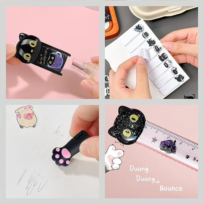 10Pcs Black Cute Cat Stationery Set Cat School Supplies Kawaii Japanese Stationery Birthday GIFS Including Pens Pencil Sharpener Highlighter Eraser Correction Tape Ruler for Office School Supplies