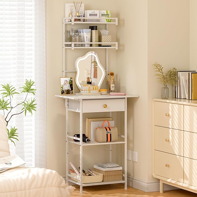Small Vanity Desk Without Mirror, Makeup Vanity Table for Small Space, Compact White Dressing Table with Fabric Drawers, Makeup Vanity with Storage for Bedroom, White, 23.6in（W）
