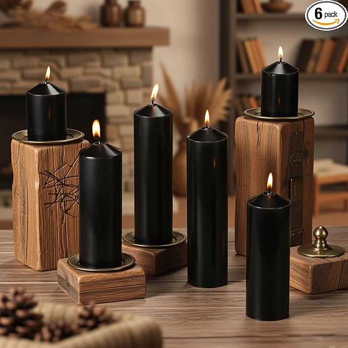 MTLEE 6 Pcs Pillar Candles 3 Set 2 in x 3, 6, 8 Inch Smokeless Dripless Unscented Pillar Candles Long Clean Burning Wax for Wedding Dinner Party Spa Emergency Ceremony Home Decor (Black)