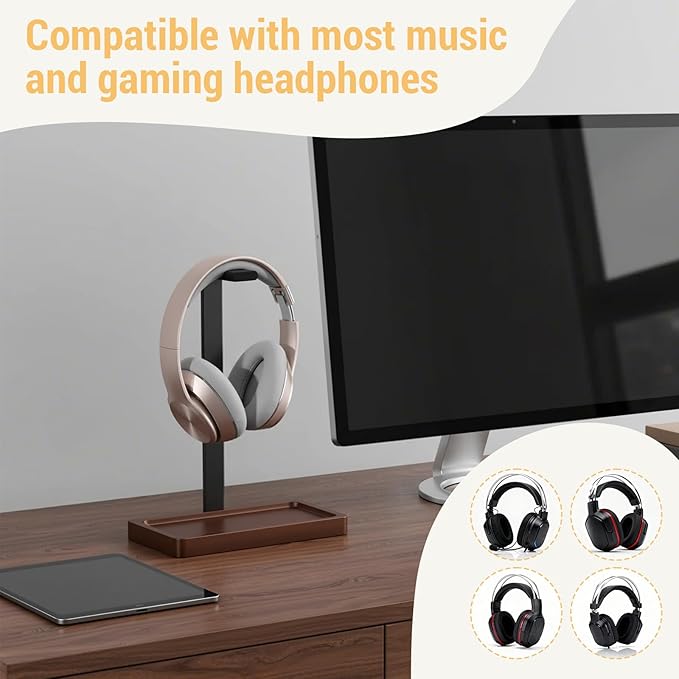 Fiwochic Walnut Wood Headset Holder, Desktop Headphone Stand, Universal Headphone Holder with Storage Base for Gaming, Music Headsets
