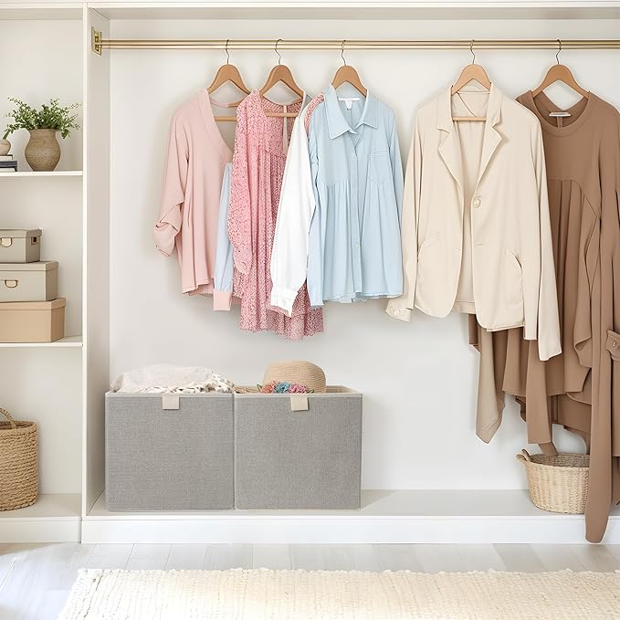 Storage Baskets, 11.8-Inch Woven Fabric Bins, Storage Cubes with Reinforced Handles, Organizer Bins for Closet Shelves, Foldable, for Toys, Clothes, Natural Beige (4PCS/Beige-11.8*11.8*11.8inch)