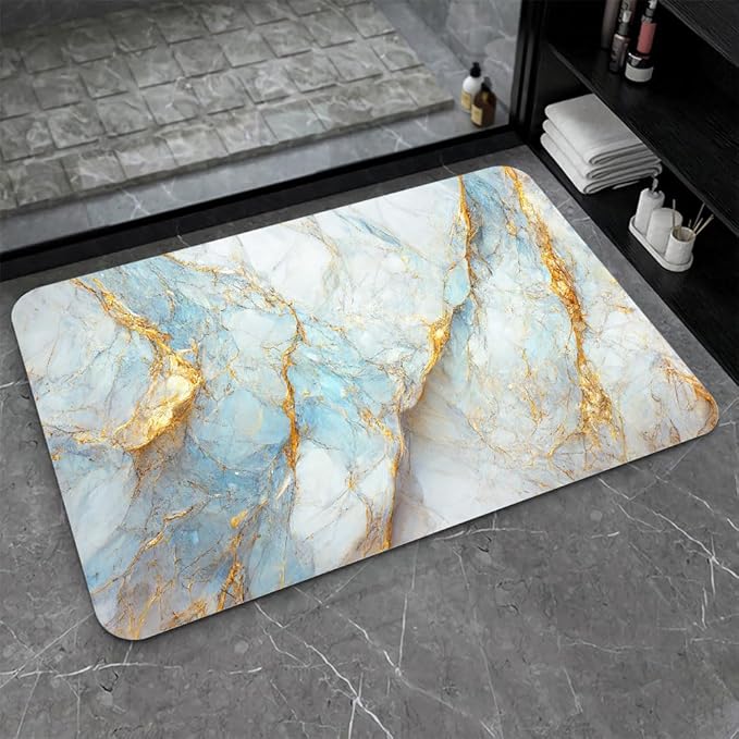 Diatomaceous Earth Bath Mat,Blue, White and Gold Marble Non-Slip Volume Super Absorbent Fast Drying for Bathroom Kitchen Door mat,Eco-Friendly Easy to Clean 16×24Inch (40 * 60cm)
