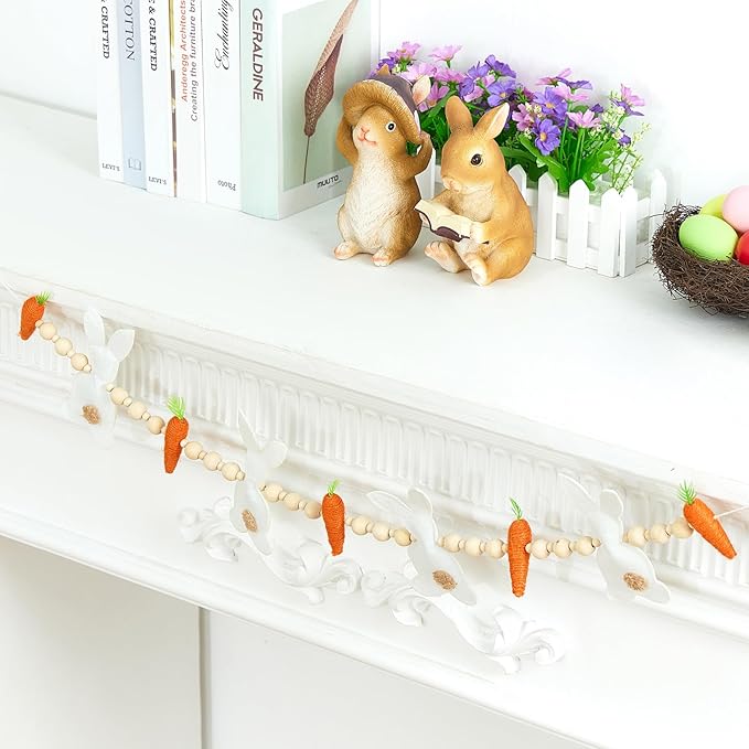 Easter Bunny Carrot Garlands, 27.5'' 3D Wooden Beads Rabbit Easter Banner Decorations, Rabbit Spring Decor Hanging Ornaments (White Orange, One Size)