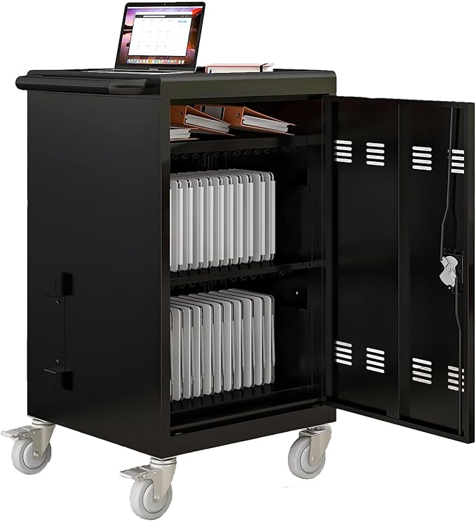 TOUPUWAN Laptop and Tablet Storage Cart, Mobile Charging Cart and Cabinet for Up to 32 Units, Screen Size Up to 16.3", Fits Chromebook, Tablet, Laptop, Suitable for School, Business