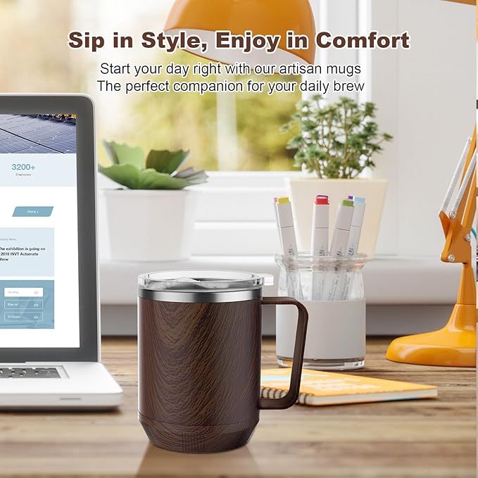 Felibeaco 16oz Heated Coffee Mug With Flat Bottom for Rapid Heating, Stainless Steel Cup for Different Warmer/Heaters, Suitable for Home and Office Desk, Wood, No Warmer