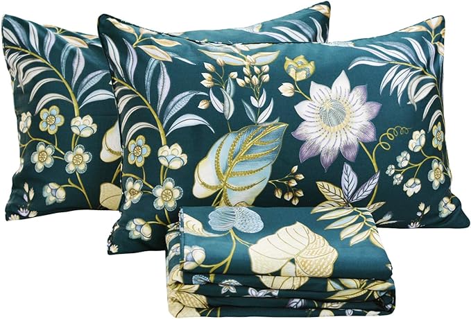 FADFAY Sheets Set Queen Teal Elegant Floral Sheets Tropical Plam Leave Sunflower Bedding 800 Thread Count Luxury Summer Bedding 100% Egyptian Cotton Deep Pocket Bed Sheets Set, 4 Pieces-Queen Size