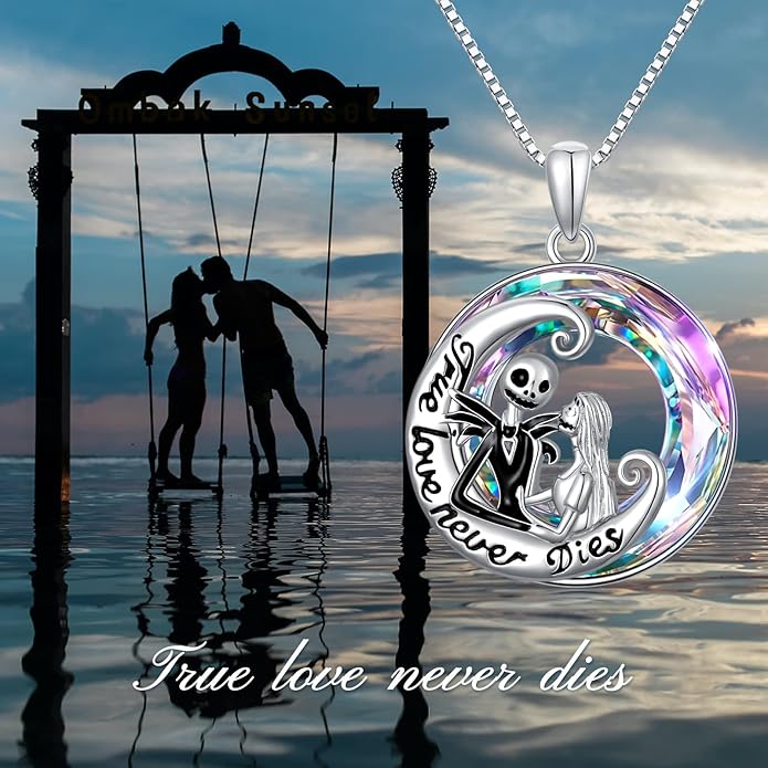 LILALO Christmas Gifts Nightmare Necklace Sterling Silver Abalone Shell Crystal Jack and Sally Necklace Jack Skellington Skull Jewelry Skull Necklaces for Women