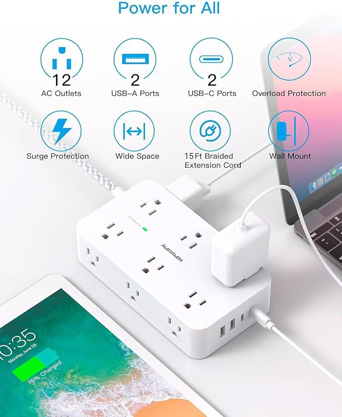 Extension Cord 15 Ft, HANYCONY Power Strip Surge Protector 12 Outlets 4 USB Ports (2 USB C), Large Desk Power Strip with Long Cord, Flat Plug, Wall Mount for Office Home College Dorm Room Essentials