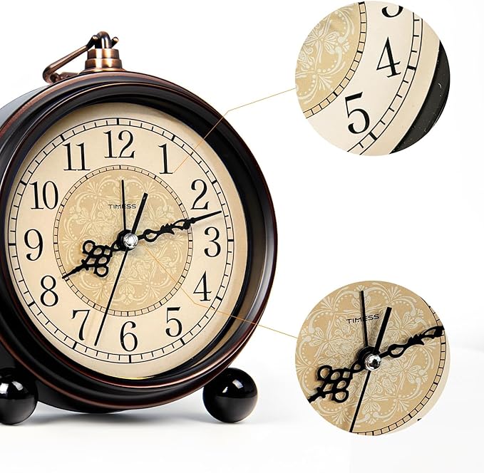 TIMESS Vintage Analog Alarm Clock, 4.3" Silent Non-Ticking Quartz Desk Clock, Battery Operated Table Clock for Bedroom, Living Room, Office, or Gift