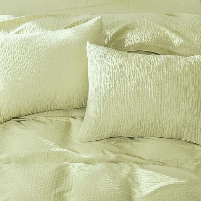 Queen Size Duvet Cover Desert Sage, Luxury Soft Microfiber Double-Layer Crinkle Gauze Sage Duvet Cover, 3 Pieces Bedding for All-Season, Breathable with Zipper Closure