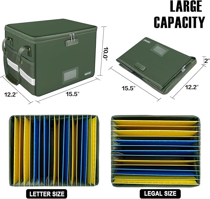 ENGPOW File Box with Lock, Fireproof Document Box with Pockets, Collapsible File Organizer Filing Storage Cabinet with Handle, Portable Home Office Safe for Hanging Letter/Legal Folders,Green,2 Pack