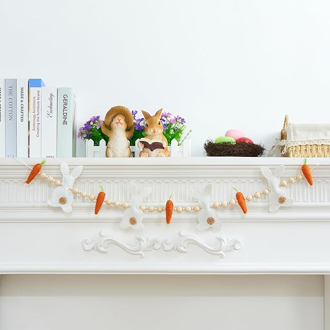 Easter Bunny Carrot Garlands, 27.5'' 3D Wooden Beads Rabbit Easter Banner Decorations, Rabbit Spring Decor Hanging Ornaments (White Orange, One Size)
