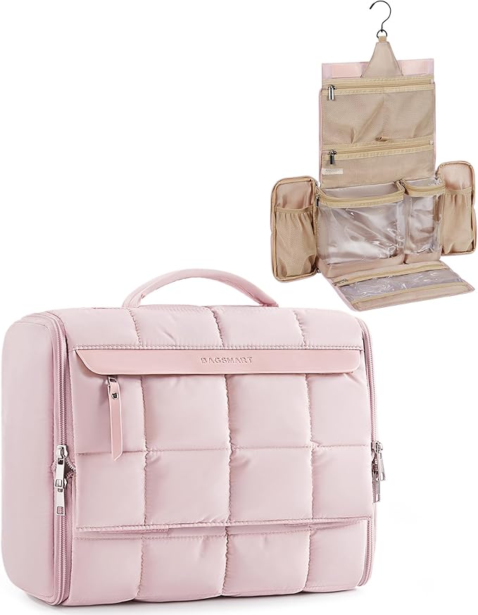 BAGSMART Travel Toiletry Bag, Extra Large Full-open Hanging Toiletry Bag for Women, Puffy Cosmetic Makeup Bag Organizer with Handle for Accessories, Essentials, Toiletries (Pink 13''L)