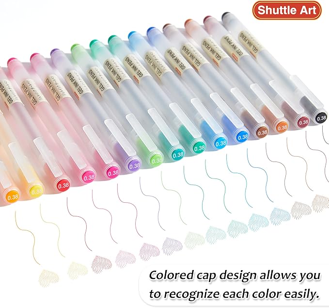 Shuttle Art Gel Ink Ball Point Pens, 15 Colors Japanese Style Pens, 0.38mm Extra-Fine Ballpoint Pens for Home, School and Office