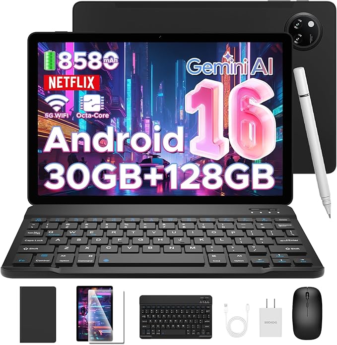 DOOGEE Tab A9 Pro+(2025) Android 16 Tablet with Keyboard,11 inch Tablet with Gemini AI,30GB+128GB/TF 2TB Octa-Core Gaming Tablets,90Hz Display,8580mAh,Netflix 1080P,BT 5.0+5G WiFi,13MP+5MP,Face ID