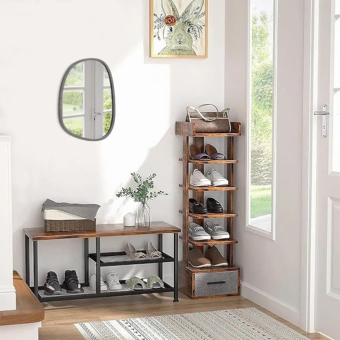 Asymmetrical Mirror for Wall Irregular Small Wall Mirror Oval Modern Wood Frame Unique Shape Mirror Wall Mounted Vanity Artistic Mirror Decorative for Living Room Bedroom Bathroom Entryway Hallway