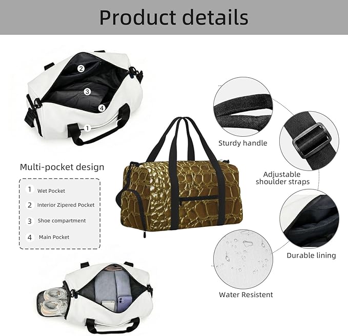 Crocodile Skin Close Up Texture Detail Women'S Gym Duffle Bag With Shoes Compartment, Ideal For Travel, Gym, Sports, Duffel, Weekender