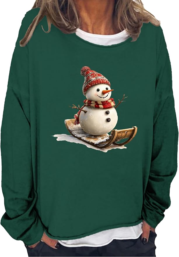 LOAIHA Christmas Shirts for Women Crewneck Snowman Snowflake Santa Graphic Shirts Christmas Tree Long Sleeve Xmas Hoodie