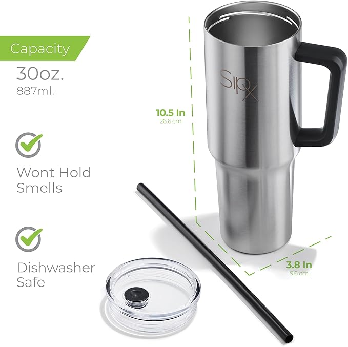 SIPX™ 30 oz Insulated Tumbler with Handle & Straw – Vacuum Insulated Stainless Steel, Leakproof, Cupholder Friendly – Perfect for Iced Coffee, Water & Travel – Stainless
