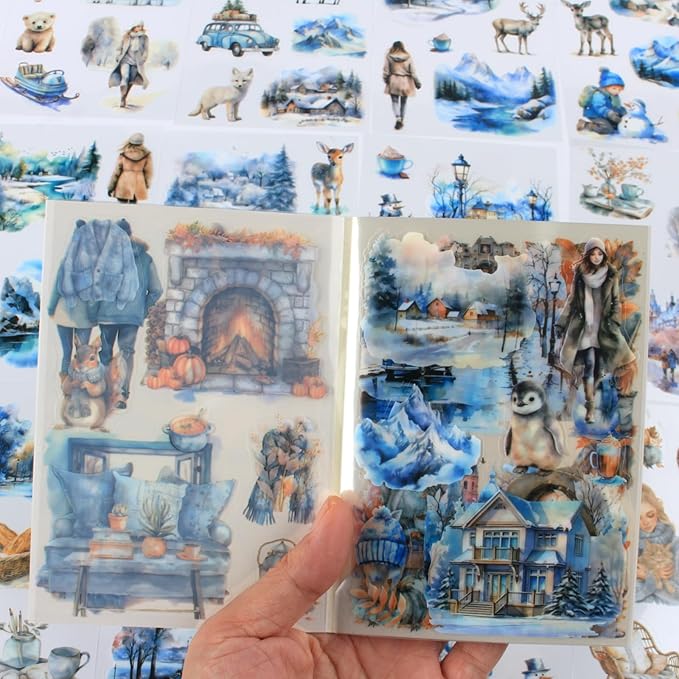 Dwpetzo Winter Pre-Cut Journal Sticker Book for Junk Journaling, Transparent PET White Snow Landscape Stickers for Scrapbook Supplies, Scrapbooking, Collage, Planners, Bujo, 20 Sheets