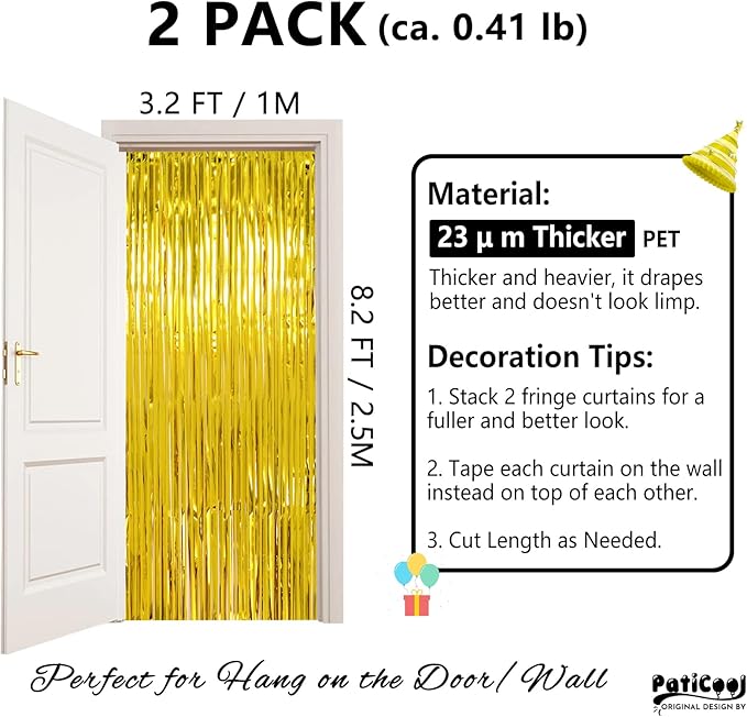 Thicken Gold Streamers 2 Pack 3.2 x 8.2 FT, Golden Birthday Decrorations Tinsel Backdrop Curtains, Foil Fringe Photo Backdrop for Birthday, Prom, Hollywood, Anniversary Party Decorations