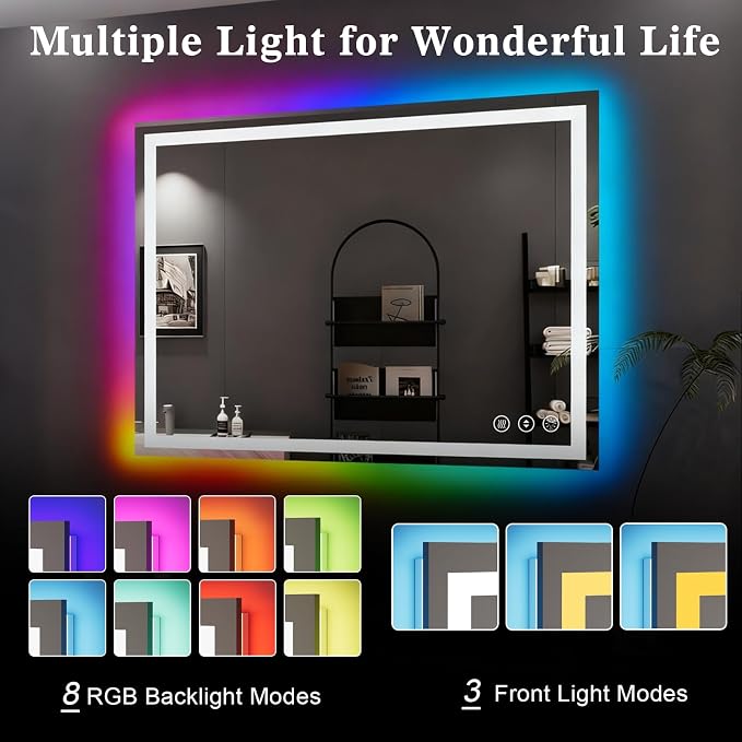 WTTY LED Bathroom Mirror 48"x36" with RGB Backlit and Front Light,Stepless Dimmable LED Mirror for Bathroom,Colored Lighted Bathroom Vanity Mirror,Anti-Fog,Memory Function,Shatter-Proof