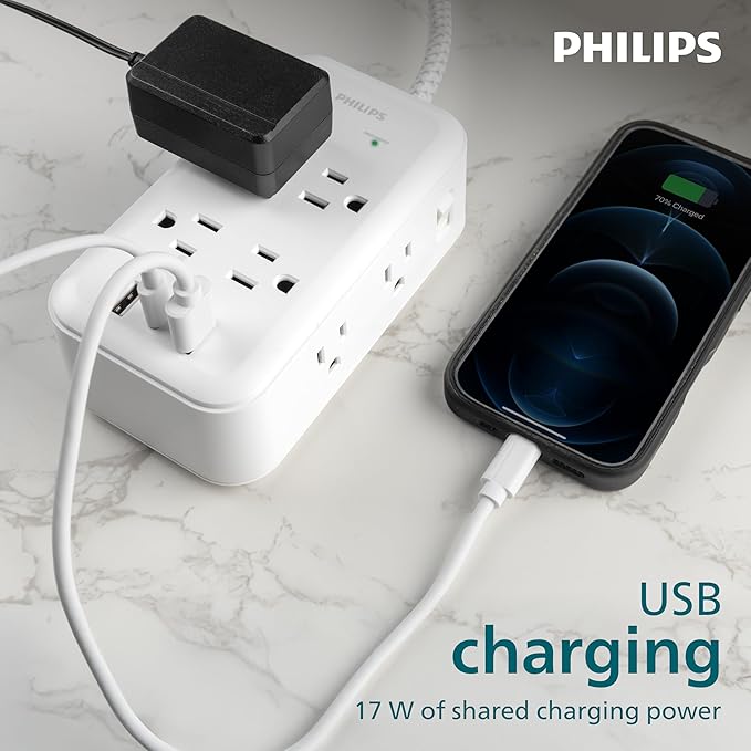 Philips Surge Protector, 8 Outlet, 2 USB-A, 1 USB-C, 17W, 3120J, Braided Cord, 6ft, White