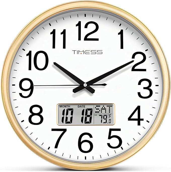 TIMESS Wall Clock, 16 Inch Non-Ticking Silent Battery Operated Quartz Analog with LCD Display for Perpetual Calendar and F° Temperature, Ideal Modern Home, Bedroom, Kitchen, Office Décor (Gold)